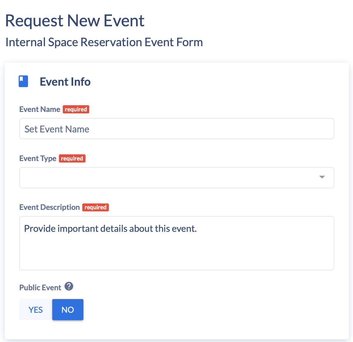 Screenshot depicting the event info fields on the request form