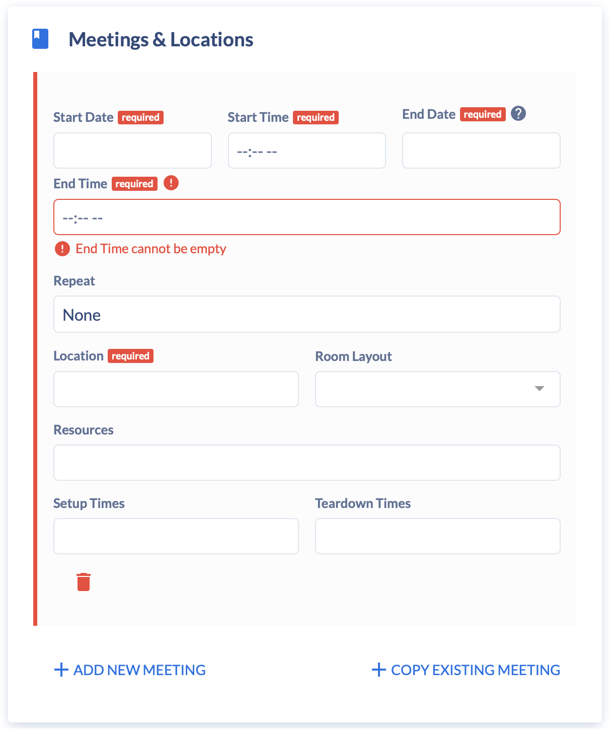 Screenshot depicting the meetings & locations fields