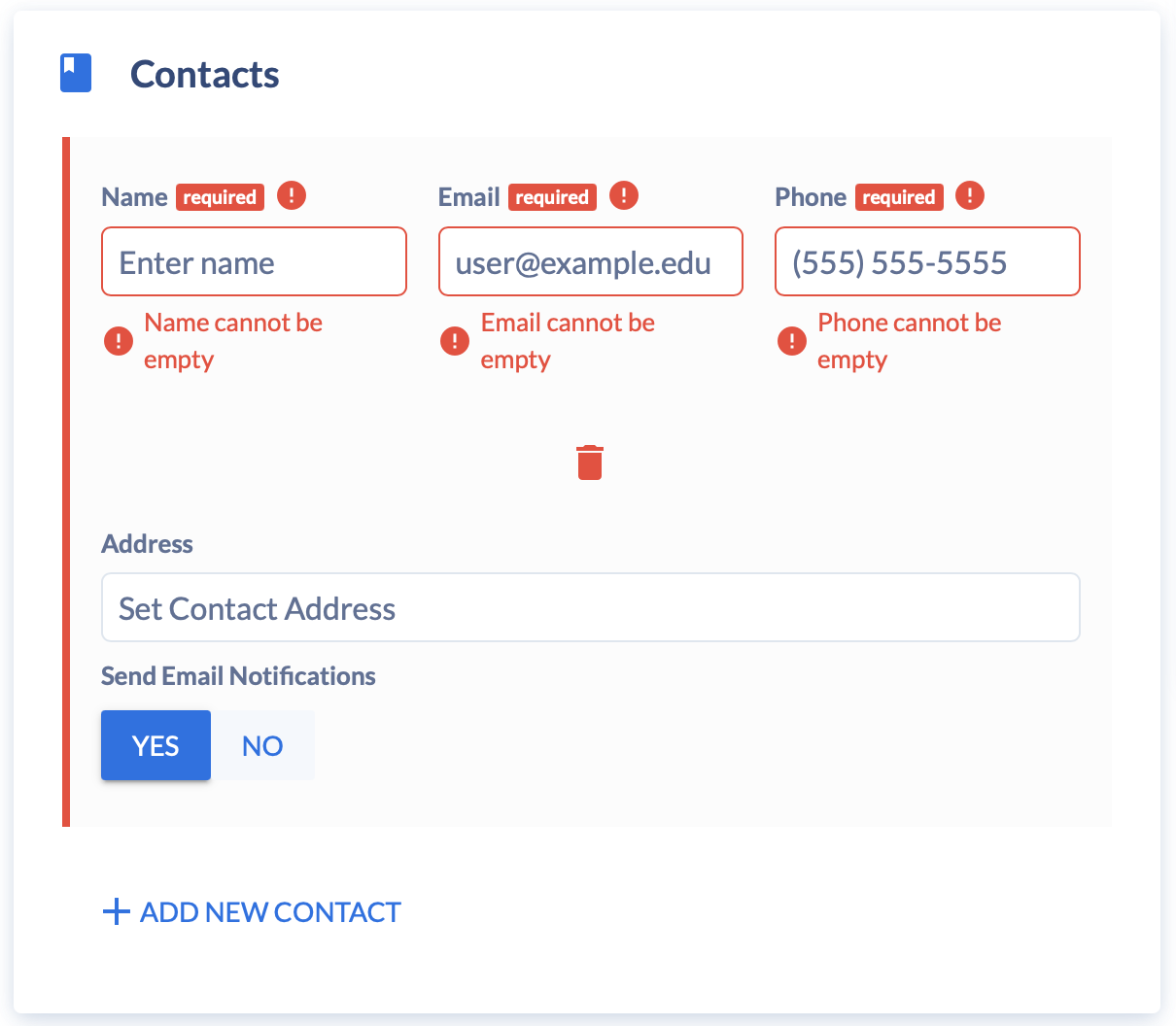 Screenshot depicting the contacts section