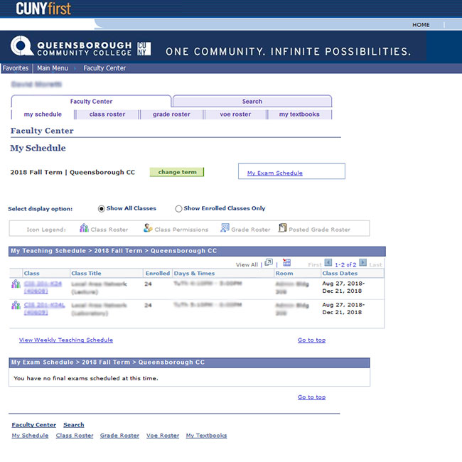 Faculty center screen to select desired class roster